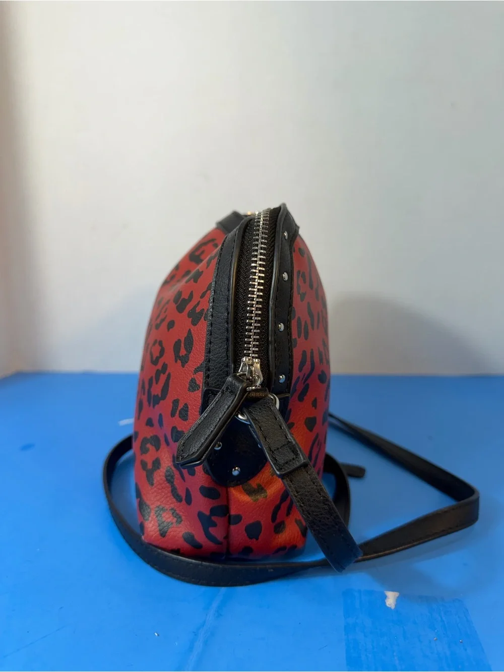 Red Leopard Print Crossbody Bag with Black Trim